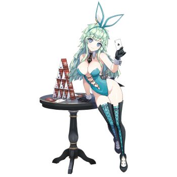 1girl ace_(playing_card) ace_of_clubs animal_ear_hairband animal_ears black_gloves black_necktie black_thighhighs blue_eyes boots breasts card closed_mouth club_(shape) covered_navel detached_collar dolphin_wave fake_animal_ears game_cg gloves green_eyes green_leotard hairband hand_on_table highleg highres house_of_cards kishimen_hair leaning_on_table leotard long_hair looking_at_viewer medium_breasts navel necktie non-web_source official_alternate_costume official_art ootomo_takuji playboy_bunny playing_card rabbit_ear_hairband rabbit_ears selena_lewis smile solo strapless strapless_leotard thigh_boots thighhighs transparent_background white_wrist_cuffs wrist_cuffs