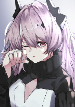 Rule 34 | 1girl, arknights, black horns, black shirt, breasts, cleavage, cleavage cutout, clothing cutout, commentary request, hair between eyes, horns, jewelry, long hair, long sleeves, looking at viewer, multiple rings, parted lips, pink eyes, pink hair, portrait, ring, rubbing eyes, shirt, small breasts, solo, theresa (arknights), turtleneck, turtleneck shirt, white shirt, z (knkr1025)