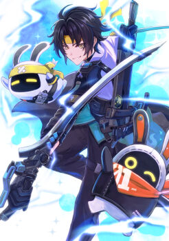 1boy akito1218 asaba_harumasa bangboo_(zenless_zone_zero) black_gloves black_hair black_pants brown_eyes commentary_request eous_(zenless_zone_zero) gloves headband highres holding holding_sword holding_weapon jacket long_sleeves male_focus pants smile standing standing_on_one_leg sword weapon white_jacket yellow_headband zenless_zone_zero