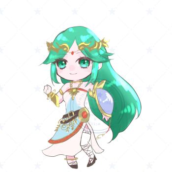 1girl ancient_greek_clothes anklet belt brown_belt chain chibi chibi_only circlet closed_mouth commentary dress forehead_jewel full_body gold_anklet gold_chain greco-roman_clothes green_eyes green_hair highres jewelry kid_icarus kid_icarus_uprising kot_ksm long_hair neck_ring nintendo no_nose palutena shield sidelocks single_thighhigh smile solo thighhighs very_long_hair white_dress