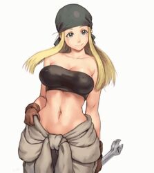 1girl animated ass bandana bandeau blonde_hair blue_eyes breasts brown_gloves cleavage clothes_around_waist covered_erect_nipples cowboy_shot fullmetal_alchemist gloves hand_on_own_hip highres huge_ass large_breasts long_hair looking_at_viewer midriff multiple_views navel shirt shirt_around_waist shu-mai sideboob simple_background smile solo source_request stomach tagme toned turnaround video winry_rockbell wrench