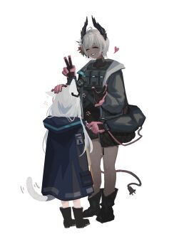 2girls :d ^_^ animal_ears ankle_boots arknights black_boots black_coat black_gloves black_jacket black_shirt boots candy chinese_commentary closed_eyes coat commentary_request dark-skinned_female dark_skin earrings electric_plug electric_plug_tail extra_arms facing_another food full_body gloves grey_hair grey_tail grin heart height_difference highres holding holding_candy holding_food hood hood_down hooded_coat jacket jewelry long_hair long_sleeves multiple_girls open_mouth pink_gloves pouch raidian_(arknights) rosmontis_(arknights) shirt short_hair simple_background smile squeans standing tail tail_raised turtleneck turtleneck_shirt v white_background yuec