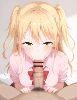 1boy 1girl :&gt;= aihara_academy_school_uniform aihara_yuzu bar_censor blonde_hair blush breasts censored citrus_(saburouta) clothed_female_nude_male commentary_request completely_nude deepthroat earrings erection fellatio green_eyes gyaru hetero jewelry licking licking_penis long_hair looking_at_viewer male_pubic_hair medium_breasts mizuno-go nude open_mouth oral out_of_character paid_reward_available penis penis_on_face pink_shirt pov pov_crotch pubic_hair school_uniform shirt skirt smegma smelling smelling_penis solo_focus sunken_cheeks veins veiny_penis