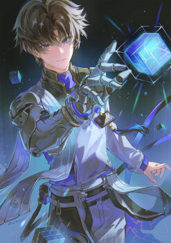 1boy absurdres blue_background blue_eyes blue_shirt brown_hair closed_mouth coat commentary cowboy_shot cube english_commentary gradient_background hand_up highres id_card looking_at_viewer male_focus mechanical_arms mechanical_hands pants parted_bangs reika_(reikadraws) shirt short_hair signature single_mechanical_arm single_mechanical_hand smile solo white_coat white_pants wuthering_waves xiangli_yao_(wuthering_waves)