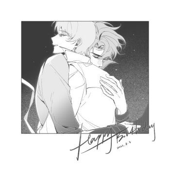 2boys closed_eyes collared_shirt commentary curtained_hair english_commentary english_text greyscale grin hand_on_another&#039;s_back happy_birthday highres hug kim_dokja male_focus monochrome multiple_boys omniscient_reader&#039;s_viewpoint popped_collar shirt short_hair smile twle yoo_joonghyuk