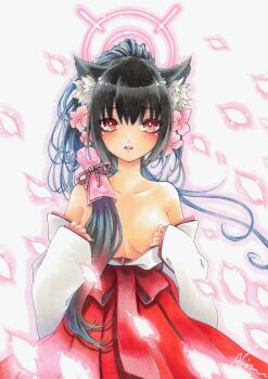 1girl absurdres animal_ears arkin_akinnson bare_shoulders black_hair blue_archive bow bow_skirt breasts collarbone commentary_request covering_breasts covering_privates cowboy_shot flower hair_flower hair_ornament hair_over_shoulder hair_tubes hakama hakama_skirt highres japanese_clothes kimono kimono_partially_removed large_breasts long_hair marker_(medium) no_bra parted_lips pink_flower red_skirt serika_(blue_archive) serika_(new_year)_(blue_archive) signature skirt solo straight-on traditional_media white_background white_kimono