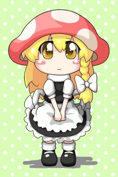 1girl bad_id bad_pixiv_id black_dress blonde_hair blush blush_stickers braid chibi dress female_focus highres kirisame_marisa looking_at_viewer mesou-san mushroom mushroom_girl mushroom_on_head smile solo touhou v_arms yellow_eyes
