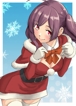 1girl ahoge blue_background blush breasts brown_eyes capelet cleavage commentary_request cowboy_shot dress gloves gradient_background hagikaze_(christmas)_(kancolle) hagikaze_(kancolle) highres kantai_collection long_hair looking_at_viewer medium_breasts mittens neck_ribbon nekotarou_(nktr299) official_alternate_costume one_side_up purple_hair red_capelet ribbon santa_costume santa_dress smile snowflakes snowing solo thighhighs white_gloves white_mittens white_thighhighs