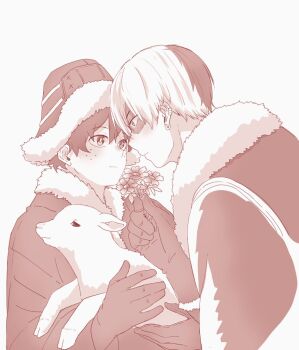 2boys blush boku_no_hero_academia carrying carrying_animal coat earrings flower gift gloves jewelry ko10_02 messy_hair midoriya_izuku multicolored_hair multiple_boys scar sheep tododeku todoroki_shoto two-tone_hair yaoi
