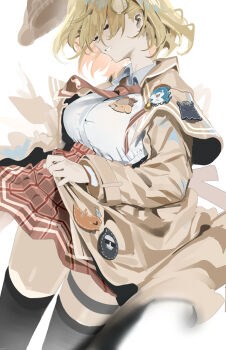 1girl black_thighhighs blonde_hair bloop_(gawr_gura) brown_coat brown_hat brown_necktie brown_skirt bubba_(watson_amelia) character_badge closed_eyes coat coat_hold collared_shirt cowboy_shot death-sensei_(mori_calliope) deerstalker facing_away hat highres hololive hololive_english holomyth kotori_(takanashi_kiara) long_sleeves medium_hair mitsuki3s_kir mustache_print necktie open_clothes open_coat parted_lips plaid_clothes plaid_skirt shirt shirt_tucked_in simple_background skirt solo sparkle takodachi_(ninomae_ina&#039;nis) thigh_strap thighhighs virtual_youtuber watson_amelia watson_amelia_(1st_costume) white_background white_shirt