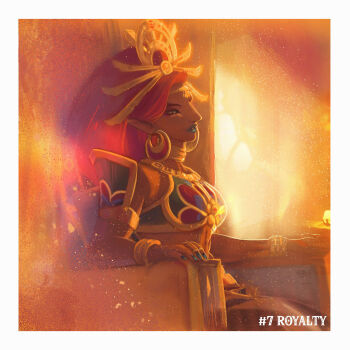1girl blue_lips bracelet crop_top cropped_legs dark-skinned_female dark_skin earrings gerudo green_eyes hair_ornament highres hoop_earrings jewelry long_hair makeup nintendo ora-illustration pointy_ears red_hair sitting sitting_on_throne the_legend_of_zelda the_legend_of_zelda:_breath_of_the_wild tiara urbosa