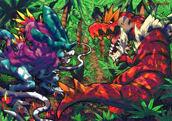 Rule 34 | absurdres, artist name, dinosaur, gen 6 pokemon, highres, jungle, looking at another, nature, nintendo, no humans, open mouth, outdoors, pokemon, pokemon (creature), pollo-finster, tail, traditional media, tree, tyrantrum, walking wake