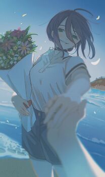 1girl beach black_choker black_hair blush bouquet chainsaw_man choker denim denim_shorts dutch_angle evening falling_petals flower green_eyes grenade_pin hair_between_eyes highres holding holding_bouquet holding_hands ice_morinaka long_hair_between_eyes outdoors parted_lips petals polo_shirt pov pov_hands reze_(chainsaw_man) sand shirt shore short_hair short_sleeves shorts smile solo_focus standing water white_shirt