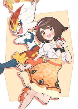 1girl 1other blush bracelet breasts brown_eyes brown_hair cinderace dress flower furry gen_8_pokemon gloria_(anniversary_2025)_(pokemon) gloria_(pokemon) gonzarez hair_flower hair_ornament hairband highres holding holding_poke_ball jewelry nintendo official_alternate_costume open_mouth orange_dress poke_ball poke_ball_(basic) pokemon pokemon_(creature) pokemon_masters_ex shoes short_hair short_sleeves smile teeth terastallization upper_teeth_only white_dress white_hairband