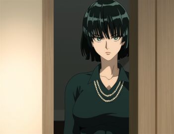 1girl black_hair breasts collarbone dress fubuki_(one-punch_man) green_dress green_eyes highres jewelry large_breasts necklace one-punch_man solo stitched third-party_edit
