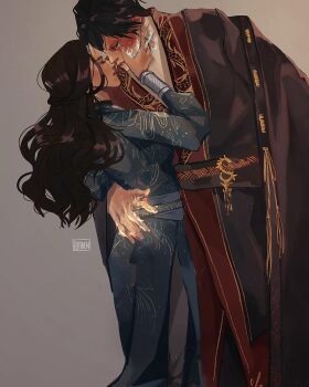 1boy 1girl artist_logo artist_name avatar:_the_last_airbender avatar_legends brown_hair closed_eyes couple elithien grey_background hands_on_another's_face highres holding imminent_kiss katara logo looking_at_another non-web_source scar scar_on_face simple_background zuko