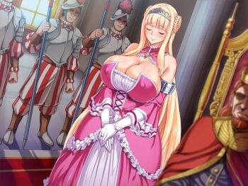 blonde_hair blush breasts cleavage closed_eyes crown curvy dress elisabeth_von_elstein gloves guards huge_breasts jewelry long_hair necklace neroma_shin covered_erect_nipples pink_dress princess ring smile straight_hair white_gloves