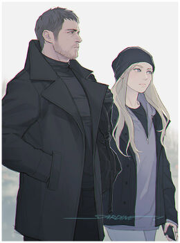 1boy 1girl artist_name beanie black_hat black_jacket black_shirt blonde_hair blue_pants brown_hair chris_redfield facial_hair facing_to_the_side grey_jacket hands_in_pockets hat holding holding_phone jacket long_hair pants parted_bangs phone resident_evil resident_evil_village rosemary_winters sardine_(kjr0313) shirt short_hair stubble upper_body very_short_hair white_background