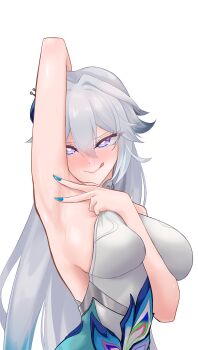 1girl :q absurdres arm_up armpits blue_eyes blue_nails breasts commentary_request dress grey_hair heart heart-shaped_pupils highres honkai:_star_rail honkai_(series) large_breasts long_hair multicolored_eyes nail_polish partial_commentary presenting_armpit purple_eyes shiyoru simple_background smile solo symbol-shaped_pupils tongue tongue_out two-tone_eyes upper_body very_long_hair white_background yao_guang_(honkai:_star_rail)