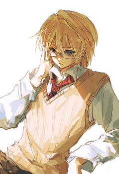 1boy arm_up bespectacled bishounen black_pants blonde_hair collared_shirt dutch_angle glasses hashtag-only_commentary highres hunter_x_hunter kurapika long_sleeves looking_at_viewer male_focus necktie open_collar pants rectangular_eyewear shirt simple_background sleeve_cuffs solo sweater_vest white_background white_necktie white_shirt white_sweater_vest wlyuzu