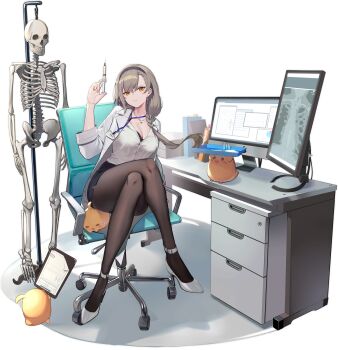 1girl artist_request azur_lane baby_animal bird black_skirt breasts brown_pantyhose chair chick cleavage coat computer crossed_legs desk eagle_(azur_lane) eagle_(eagle&#039;s_clinic)_(azur_lane) grey_hair hand_up high_heels highres holding id_card large_breasts long_hair long_sleeves looking_at_viewer manjuu_(azur_lane) miniskirt monitor office_chair official_alternate_costume official_art open_clothes open_coat orange_eyes pantyhose pencil_skirt shirt shoes sitting skeleton skirt solo swivel_chair syringe transparent_background vertical_monitor white_coat white_shirt white_shoes