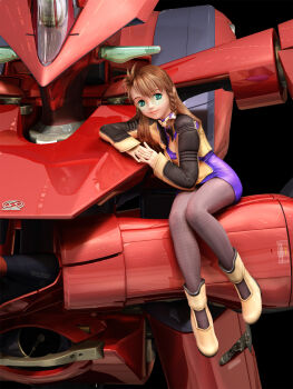 00s 1girl 3d antenna_hair aqua_eyes boots braid breasts brown_hair cleavage cleavage_cutout clothing_cutout dress female_focus game glasses green_eyes highres jacket leaning lipstick long_hair makeup mecha on_mecha own_hands_clasped own_hands_together pantyhose reflection robot shion_uzuki short_dress side_braid sitting small_breasts smile solo turtleneck xeno_(series) xenosaga