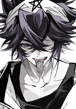 Rule 34 | 1boy, aotu world, bandana, bishounen, black hair, black shirt, chinese commentary, collarbone, dog tags, fangs, hair between eyes, hair over one eye, headband, highres, jacket, jewelry, loloia51401, looking at viewer, male focus, mouth hold, necklace, necklace in mouth, one eye closed, open mouth, portrait, purple eyes, purple hair, ray (aotu world), saliva, shirt, short hair, simple background, smile, solo, star (symbol), star print, tank top, teeth, tongue, tongue hold, tongue out, twitter username, upper body, white background, white headband, white jacket