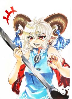 +++ 1girl absurdres blue_dress breasts commentary_request detached_sleeves dress earrings highres holding holding_spoon hoop_earrings horn_ornament horn_ribbon horns jewelry looking_at_viewer marker_(medium) mitsu~ oversized_object pointy_ears red_eyes red_nails red_sleeves ribbon sharp_teeth sheep_horns simple_background small_breasts smile solo spoon teeth touhou toutetsu_yuuma traditional_media utensil white_background