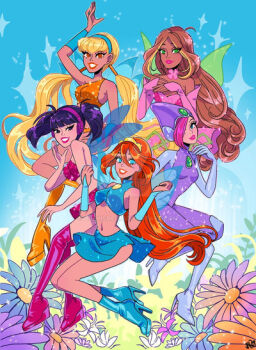 5girls aqua_eyes asian asymmetrical_shirt bare_arms bare_legs bare_shoulders black_eyes blonde_hair bloom_(winx_club) blue_arm_warmers blue_boots blue_eyes blue_flower blue_gloves blue_hairband blue_shirt blue_skirt blue_sky blue_wings blunt_bangs bodysuit boots bracer brown_hair chest_jewel clenched_hands closed_mouth commentary daisy_(flower) dark-skinned_female dark_skin day deviantart_logo deviantart_username dress elbow_gloves english_commentary eyelashes fairy fairy_wings field floating_clothes flora_(winx_club) flower flower_field full_body gem glitter gloves gold_tiara green_eyes green_gemstone green_wings grin hair_between_eyes hair_over_one_eye hair_tubes hairband hand_on_own_cheek hand_on_own_chin hand_on_own_face hand_up happy headphones high_heel_boots high_heels hood hood_up hooded_bodysuit light_blush light_particles lipstick long_hair looking_at_viewer low_twintails magical_girl makeup midriff miniskirt multicolored_hair multiple_girls musa_(winx_club) natalie_nardozza navel neck_flower orange_boots orange_flower orange_hair orange_lips orange_shirt orange_shorts outdoors own_hands_together parted_lips pink_arm_warmers pink_boots pink_dress pink_flower pink_hair pink_lips pink_shirt pink_skirt platform_boots purple_bodysuit purple_flower purple_hair shirt short_dress short_shorts shorts single_strap skirt skirt_set sky sleeveless sleeveless_shirt smile sparkle stella_(winx_club) strapless strapless_dress streaked_hair tecna_(winx_club) thigh_boots tiara transparent_wings turtleneck turtleneck_bodysuit turtleneck_shirt twintails two-tone_hair very_long_hair watermark white_flower wings winx_club yellow_gemstone