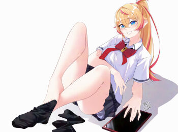 1girl akira_miku_ver barefoot black_socks blonde_hair blue_eyes feet grin highres long_hair looking_at_viewer multicolored_hair original ponytail smile socks streaked_hair stylus tablet_pc unworn_socks