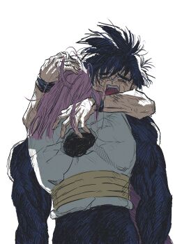 Rule 34 | 2boys, absurdres, black hair, blue bodysuit, bodysuit, closed eyes, commentary, corpse, crack, crying, dbtg hope, death, dragon ball, dragonball z, hand on another's head, highres, hole in chest, hole on body, hug, male focus, messy hair, multiple boys, muscular, muscular male, open mouth, purple hair, saiyan armor, short hair, sketch, sobbing, son gohan, spiked hair, symbol-only commentary, torn clothes, trunks (dragon ball), trunks (future) (dragon ball), white background