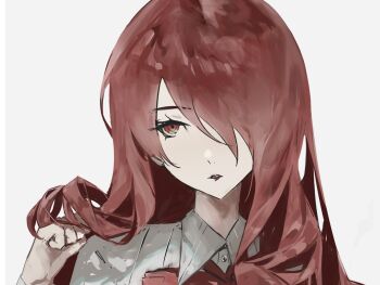 Rule 34 | 1girl, bow, commentary request, drill hair, gekkoukan high school uniform, hair over one eye, hand in own hair, hand up, hashtag-only commentary, k1kiwa, kirijou mitsuru, long hair, looking at viewer, one eye covered, parted lips, persona, persona 3, portrait, red bow, red eyes, red hair, school uniform, shirt, simple background, solo, white background, white shirt, wing collar