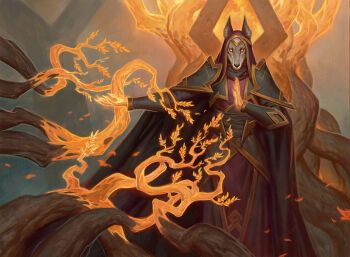 1boy animal_ears armor black_cloak cloak florakinesis forrestimel furry furry_male glowing glowing_eyes grey_fur highres looking_at_viewer magic magic:_the_gathering orange_fur pauldrons robe shoulder_armor solo wolf_boy wolf_ears