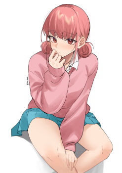 1girl absurdres ao_no_hako aqua_skirt artist_name cardigan chouno_hina closed_mouth collared_shirt commentary feet_out_of_frame hand_to_own_mouth highres long_sleeves looking_at_viewer pinepin pink_cardigan pink_eyes pink_hair pleated_skirt school_uniform shirt simple_background sitting skirt solo white_background white_shirt