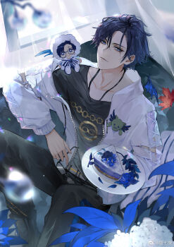 Rule 34 | 1boy, arm cutout, belt, black boots, black pants, black shirt, blue eyes, blue flower, blue hair, blue rose, blueberry, blurry, boots, cake, cake slice, character doll, chinese commentary, clarence clayden, clarence clayden (animal doll), closed mouth, clothing cutout, collarbone, couch, crew neck, cross-laced clothes, cross-laced sleeves, curtained hair, curtains, cushion, depth of field, doll, doll on shoulder, drawstring, elbow rest, feet out of frame, flower, food, fruit, glasses, hair between eyes, highres, holding, holding plate, holding removed eyewear, hood, hood down, hooded jacket, indoors, infinity symbol, jacket, jewelry, lace-up boots, leaf, light smile, long sleeves, looking at viewer, lovebrush chronicles, male focus, maple leaf, mini wings, mole, mole under eye, object in pocket, on couch, open clothes, open jacket, pants, pendant, plant, plate, pocket, print shirt, rose, see-through curtains, shirt, short hair, sideways glance, single off shoulder, sitting, solo, stuffed animal, stuffed dragon, stuffed toy, sunlight, t-shirt, tang qi zang, unworn eyewear, watermark, weibo watermark, white flower, white jacket, window, winged hood, wings, zipper