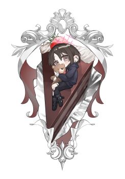 1girl bandaged_hand bandages black_hair black_hoodie black_mask blue_archive blush cake chibi chibi_only devid_(devis515333) ear_piercing food fruit halo hashtag-only_commentary highres holding holding_stuffed_toy hood hood_down hoodie looking_at_viewer lying mask mask_pull misaki_(blue_archive) mouth_mask pants piercing red_halo short_hair solo star_halo strawberry stuffed_animal stuffed_toy teddy_bear torn_clothes torn_pants