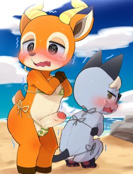 2boys @_@ animal_crossing animal_ears beach beau_(animal_crossing) bikini blush cat_boy character_request dagasi day erection furry furry_male furry_with_furry green_bikini highres horns loli male_focus multiple_boys nintendo open_mouth outdoors penis raymond_(animal_crossing) shota side-tie_bikini_bottom sky squatting swimsuit tagme tail testicles trembling wavy_mouth