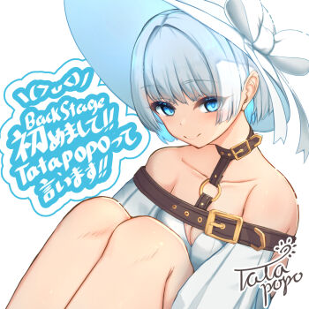 1girl bare_shoulders blue_eyes blue_hair bow breasts cleavage closed_mouth commentary_request dress grey_hair hat hat_bow highres knees_up looking_at_viewer medium_breasts multicolored_hair off-shoulder_dress off_shoulder original puffy_sleeves short_hair signature simple_background sitting smile solo tatapopo two-tone_hair white_background white_bow white_dress white_hat