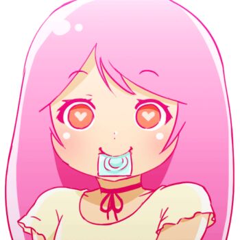 1girl animated animated_gif bad_id bad_tumblr_id choker condom condom_in_mouth condom_wrapper eyebrow_twitching female_focus heart heart-shaped_pupils looking_at_viewer lowres mike_inel mouth_hold naughty_face original pink_hair presenting ribbon_choker solo star-shaped_pupils star_(symbol) symbol-shaped_pupils