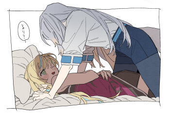 2girls dayama girl_on_top green_eyes highres kaburaki_roco lying multiple_girls nijisanji one_eye_closed pillow shioriha_ruri sleeveless virtual_youtuber yukadon yuri