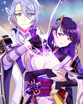 1boy 1girl absurdres armor asymmetrical_sleeves black_gloves blue_hair blunt_bangs braid breasts bridal_gauntlets cleavage closed_mouth commentary_request couple covered_collarbone drawing_sword electricity fan_hair_ornament flower flower_ornament formal_clothes genshin_impact gloves glowing glowing_sword glowing_weapon gradient_background hair_between_eyes hair_ornament hetero high_collar highres holding holding_sword holding_weapon human_scabbard jacket japanese_clothes kamisato_ayato katana kimono kiwido121 large_breasts leaning_back leaning_on_person leaning_to_the_side light_smile long_braid long_hair long_sleeves looking_to_the_side looking_up mitsudomoe_(shape) mole mole_under_eye mole_under_mouth musou_isshin_(genshin_impact) neck_ribbon off_shoulder outdoors parted_lips pink_lips purple_eyes purple_flower purple_hair purple_kimono raiden_shogun red_ribbon red_sash ribbon sash short_hair shoulder_armor single_braid sky standing star_(sky) starry_sky suit suit_jacket sword sword_between_breasts tomoe_(symbol) uneven_sleeves weapon white_suit wide_sleeves