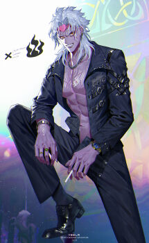 1boy 2020 absurdres chain chain_necklace chinese_commentary cigarette commentary copyright_name dio_brando earrings highres holding holding_cigarette jewelry jojo_no_kimyou_na_bouken muscular muscular_male necklace open_fly ring sharp_teeth solo stardust_crusaders teeth veela watch wristwatch