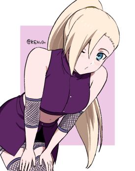 1girl bare_shoulders blonde_hair blue_eyes blush crop_top fishnet_thighhighs fishnets kena0n leaning_forward long_hair looking_at_viewer midriff naruto_(series) naruto_shippuuden navel one_eye_closed ponytail puckered_lips solo thighhighs twitter_username very_long_hair yamanaka_ino