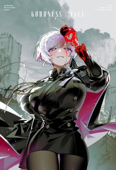 1girl aiguillette blood blood_on_clothes blood_on_face blood_on_hands blue_eyes blush breasts cape cloak core_crystal_(xenoblade) dress gloves goddess_of_victory:_nikke hair_between_eyes hashtag-only_commentary highres large_breasts liliweiss_(nikke) long_sleeves multicolored_hair mzet pantyhose pink_hair purple_cape short_hair smile spoilers symbol-shaped_pupils white_cloak white_gloves white_hair