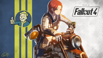 absurdres blue_jumpsuit brown_hair closed_mouth commentary copyright_name fallout fallout_4 forehead gabrieltsui green_eyes helmet highres jumpsuit motor_vehicle motorcycle parted_bangs pip_boy signature unworn_headwear unworn_helmet vault_boy vault_suit