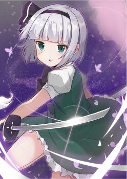 1girl black_bow black_bowtie black_hairband black_ribbon blunt_bangs blush bob_cut bow bowtie bug butterfly collared_shirt commentary_request cuts doko_ka_no_hosono dual_wielding foot_out_of_frame green_eyes green_skirt green_vest hair_ribbon hairband highres hitodama_print holding injury insect katana konpaku_youmu leg_up looking_at_viewer open_mouth puffy_short_sleeves puffy_sleeves ribbon shine shiny_skin shirt short_hair short_sleeves silver_hair skirt skirt_set solo sword touhou vest wakizashi weapon white_shirt