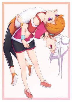 2girls absurdres arashi_chisato assisted_stretching back-to-back black_shorts blunt_bangs border closed_mouth commentary double_bun full_body gradient_background hair_bun highres kannogi lifting_person locked_arms long_hair looking_at_viewer love_live! love_live!_superstar!! medium_hair multiple_girls off-shoulder_shirt off_shoulder orange_background orange_hair orange_shoes pants pink_background pink_shirt ponytail purple_eyes red_eyes red_shoes revision shibuya_kanon shirt shoes short_ponytail short_shorts shorts simple_background smile sportswear twintails white_border white_hair yoga_pants