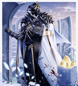 Rule 34 | 1boy, absurdres, arm up, black fur, black gloves, black hair, black helmet, black shirt, border, cape, capitano (genshin impact), cloud, cloudy sky, collared shirt, commentary request, crystal, dusk, fur trim, genshin impact, gloves, gold trim, helmet, highres, long hair, long sleeves, male focus, outdoors, ruins, shirt, sky, sleeve cuffs, solo, standing, uouzzz, white border, white cape