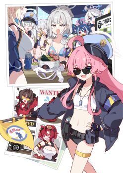 6+girls ahoge alternate_costume armband bikini black_gloves black_jacket blonde_hair blue_archive blue_armband blue_eyes blue_hair blue_hat blue_jacket bottle breasts brown_hair car chopsticks cleavage collarbone crop_top double_bun dynamite explosive fang fingerless_gloves flag food fubuki_(blue_archive) fubuki_(swimsuit)_(blue_archive) gloves grey_eyes grey_hair hair_between_eyes hair_bun halo hand_on_own_hip hat heterochromia highres holding holding_chopsticks holding_flag horns hoshino_(blue_archive) huge_ahoge ideolo jacket kanna_(blue_archive) kanna_(swimsuit)_(blue_archive) kasumi_(blue_archive) kirino_(blue_archive) kirino_(swimsuit)_(blue_archive) konoka_(blue_archive) large_breasts loli long_hair long_sidelocks mask megu_(blue_archive) motor_vehicle multiple_girls navel official_alternate_costume one-piece_swimsuit open_mouth peaked_cap pink_hair pink_halo police_hat red_hair red_shirt sharp_teeth shirt short_hair sidelocks simple_background smile sparkle standing sunglasses sweatdrop sweater swimsuit teeth thigh_strap valkyrie_police_academy_student_(sg)_(blue_archive) very_long_hair wanted_poster whistle whistle_around_neck white_background white_hair white_one-piece_swimsuit white_shirt yellow_eyes