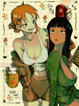 2girls breasts cleavage large_breasts makenevemoiine multiple_girls nami_(one_piece) nico_robin one_piece source_request tagme